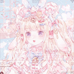  1girl animal_ear_hairband animal_ears beads bear_ear_hairband bear_ears bib_collar birdcage blonde_hair blue_background blue_bow blue_bowtie blue_hairband blunt_bangs bow bowtie brooch bud buttons cage candy_hair_ornament chinese_commentary collared_shirt commentary_request commission contrast_collar cupcake doughnut earrings eyelashes fake_animal_ears floppy_ears floral_background flower food food-themed_brooch food-themed_clothes food-themed_hair_ornament frilled_shirt_collar frilled_sleeves frills hair_beads hair_bow hair_ornament hairband happy heart heart_earrings high_contrast holding holding_spoon icing jewelry lace-trimmed_shirt lace_trim layered_sleeves light_blush lipstick lolita_fashion lolita_hairband long_hair long_sleeves looking_ahead lop_rabbit_ears macaron makeup nail_polish one_side_up open_mouth original pink_bow pink_flower pink_nails pink_sleeves pom_pom_(clothes) pom_pom_hair_ornament puffy_short_sleeves puffy_sleeves rabbit_ear_hairband rabbit_ears red_lips sample_watermark shirt short_over_long_sleeves short_sleeves single_earring smile solo spoon sprinkles sweet_lolita tareme too_many_watermarks upper_body violet_eyes watermark watermark_grid wavy_hair weibo_watermark white_shirt wide_sleeves xujiang_bushi_fanpai 