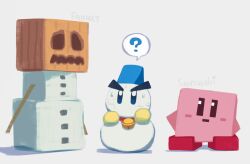  ? artist_name bell blue_eyes blue_hat blush_stickers chilly_(kirby) hat highres jingle_bell kirby kirby_(series) minecraft minecraft_(style) neck_bell no_humans simple_background snow_golem_(minecraft) snowman speech_bubble spoken_question_mark suyasuyabi sweat white_background 