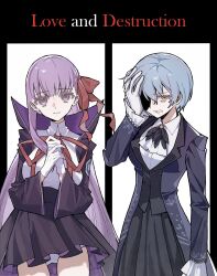  2girls 3he1li angela_(project_moon) ascot bb_(fate) bb_(fate/extra) black_coat black_skirt blue_hair breasts coat commentary crossover fate/extra fate/extra_ccc fate/grand_order fate_(series) gloves hair_ribbon hand_on_own_head highres large_breasts leotard library_of_ruina long_hair long_sleeves looking_at_viewer multiple_girls neck_ribbon open_clothes open_coat own_hands_together panties panty_peek partially_shaded_face project_moon purple_hair red_eyes red_ribbon ribbon shirt short_hair skirt trait_connection underwear untranslatable_commentary very_long_hair vest violet_eyes white_ascot white_background white_gloves white_leotard white_shirt yellow_eyes 