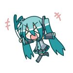  &gt;_&lt; :d chibi chibi_miku detached_sleeves hatsune_miku long_hair minami_(colorful_palette) necktie open_mouth simple_background smile solo spring_onion thighhighs twintails vocaloid xd 