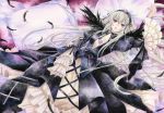  acrylic_paint_(medium) dress feathers long_hair lying nib_pen_(medium) pillow purple_eyes rozen_maiden silver_hair solo suigintou traditional_media violet_eyes watercolor_(medium) wings 