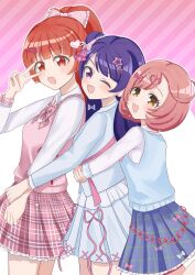  3girls :d ;d absurdres ageha_mia arms_around_another's_waist ayase_naru blue_skirt blue_vest bow commentary cowboy_shot diagonal-striped_background from_side hair_bow hair_bun hair_ornament hairclip happiness_to_be harune_aira heart heart_hair_ornament high_ponytail highres hug hug_from_behind long_hair long_sleeves looking_at_viewer looking_to_the_side multiple_girls one_eye_closed open_mouth pink_background pink_bow pink_hair pink_skirt pink_vest plaid_bow plaid_clothes plaid_skirt pleated_skirt ponytail pretty_rhythm pretty_rhythm_aurora_dream pretty_rhythm_dear_my_future pretty_rhythm_rainbow_live pretty_series purple_hair red_hair shirt short_hair skirt smile standing star_(symbol) star_hair_ornament striped_background teeth upper_teeth_only v v_over_eye vest white_shirt white_skirt 