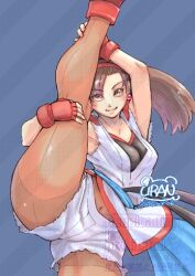  1girl armpits arms_up belt black_belt blue_sash breasts brown_eyes brown_hair commentary_request covered_navel denim denim_shorts dougi earrings fighter's_history fingerless_gloves flexible gloves groin hairband hands_on_own_legs holding_own_leg jewelry liu_yungmie looking_at_viewer makeup navel pantyhose parted_lips ponytail red_gloves red_hairband rekka_uran sash shorts signature smile split standing standing_on_one_leg standing_split stretching taekwondo thighs torn_clothes torn_shorts upper_body 