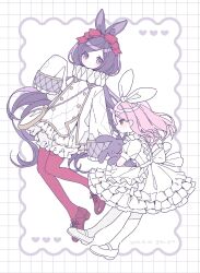  2girls apron bloomers blush border bow bow_hairband brown_shoes buttons closed_mouth commentary_request cross-laced_shoes dot_nose double-breasted dress frilled_apron frilled_dress frilled_shirt frilled_sleeves frills full_body grid_border hair_bow hairband hand_up highres long_hair long_sleeves looking_at_viewer low_twintails multiple_girls neck_ruff ore-chan original outside_border pantyhose parted_bangs pink_hair purple_hair red_bow red_eyes red_pantyhose shirt shoes simple_background sleeves_past_fingers sleeves_past_wrists twintails violet_eyes white_apron white_background white_bloomers white_border white_dress white_hairband white_pantyhose white_shirt white_shoes 