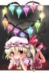  blonde_hair bobby_socks eyelashes flandre_scarlet hands_on_own_face hat heart heart_wings katahira_masashi laevatein legs_up lying mary_janes on_stomach ponytail rainbow_order red_eyes shoes short_hair side_ponytail smile socks solo touhou wings 