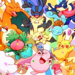  >_< 3others absurdres charizard closed_eyes commentary_request furry greninja hanauta_hazumu happy highres ivysaur jigglypuff lucario mewtwo multiple_others open_mouth pichu pikachu poke_ball poke_ball_(basic) pokemon pokemon_(creature) sharp_teeth squirtle super_smash_bros. teeth vs_seeker 