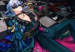  1boy adradio2 alcohol aqua_pants black_choker black_gloves blue_hair braid cape checkered_floor choker cup drinking_glass eye_mask frilled_shirt_collar frilled_sleeves frills glitter gloves highres holding holding_microphone holostars holostars_english long_sleeves lying male_focus mask masquerade_mask medium_hair microphone multiple_braids necktie octavio octavio_(3rd_costume) official_alternate_costume on_back on_floor pants parted_lips pectoral_cleavage pectorals pink_eyes plunging_neckline red_wine sleeve_cuffs solo spill tri_braids two-sided_cape two-sided_fabric vintage_microphone virtual_youtuber waist_cape wine wine_glass 