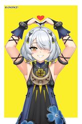  1girl absurdres antenna_hair armlet armpits artist_name bare_shoulders black_dress black_gloves blue_dress commentary dracaene_sunbringer dress gloves grey_hair grin hair_over_one_eye heart_arms highres jewelry lion_space looking_at_viewer partially_fingerless_gloves simple_background smile solo two-tone_dress yellow_background yellow_eyes zenless_zone_zero 