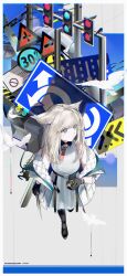  1girl absurdres animal_ears arknights arknights:_endfield bare_shoulders belt bird bird_ears bird_girl black_gloves black_pantyhose blue_eyes chinese_commentary commentary cuipian_bianti doll dress endministrator_(arknights) female_endministrator_(arknights) from_above full_body gloves grey_hair halter_dress halterneck hand_up high-waist_belt highres holding holding_doll holding_wand incredibly_absurdres jacket long_hair looking_to_the_side male_endministrator_(arknights) multicolored_gloves off_shoulder pantyhose perlica_(arknights) power_lines quilted_jacket road_sign sign solo traffic_light two-sided_gloves two-tone_gloves utility_pole wand white_dress white_jacket 