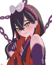  0393_piplup 1girl black_hair blush bow carmine_(pokemon) carmine_(sygna_suit)_(pokemon) colored_inner_hair commentary crossed_bangs detached_sleeves gloves hair_between_eyes hairband highres japanese_clothes kimono long_hair long_sleeves looking_at_viewer mole mole_under_eye multicolored_hair official_alternate_costume pink_hairband pokemon pokemon_masters_ex purple_gloves purple_hairband red_hair smile two-tone_hair upper_body yellow_eyes 