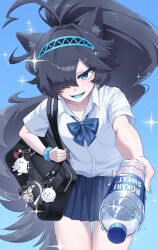  1girl ahoge alternate_costume animal_ear_fluff animal_ears bag black_hair blue_bow blue_bowtie blue_nails blue_scrunchie blue_skirt blue_tongue bottle bow bowtie brand_name_imitation breast_pocket cat_(nyanko_daisensou) cat_ears cat_girl collared_shirt colored_tongue commentary_request commission dark_kasli_(nyanko_daisensou) dress_shirt hair_intakes high_ponytail highres holding holding_bottle incoming_drink kasli_(nyanko_daisensou) kirihara_nyanko lizard_cat_(nyanko_daisensou) long_hair looking_at_viewer nyanko_daisensou open_mouth pleated_skirt pocari_sweat pocket ponytail school_bag school_uniform scrunchie shirt skeb_commission skirt smile solo very_long_hair water_bottle white_shirt wrist_scrunchie 