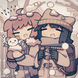  2girls :d ahoge animal_ears animal_hat backpack bag bare_tree black_gloves black_hair blush blush_stickers brown_coat brown_hair brown_hat buttons cat_hat closed_eyes coat commentary_request day dog_ears dog_girl futami_ya gloves grey_scarf hat highres holding_snowman long_sleeves mittens multiple_girls nose_blush open_mouth original outdoors outline scarf short_hair smile snow snow_on_head sparkle tree upper_body white_outline winter winter_clothes 