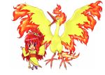  1girl bird chibi costume fiery_wings fire hair_ornament japanese_clothes kimono kin-san_(sasuraiga) long_hair moemon moltres open_mouth orange_eyes outstretched_arms personification pokemon pokemon_(creature) red_hair redhead sandals spread_arms tabi wings 