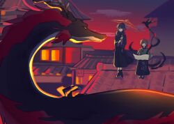  2girls akisan_(prsk_ak1) architecture asahina_mafuyu bird black_bird black_shirt black_shoes black_skirt braid brown_eyes brown_hair claws closed_mouth commentary_request cowlick dot_nose dragon dragon_horns dusk east_asian_architecture expressionless full_body green_shirt grey_jacket high_collar highres holding holding_umbrella horns jacket long_hair long_sleeves looking_at_animal magic mane multiple_girls oil-paper_umbrella on_roof open_mouth orange_eyes pleated_skirt ponytail project_sekai purple_hair red_umbrella shinonome_ena shirt shoes short_hair sidelocks single_braided_sidelock sitting skirt sweatdrop turtleneck umbrella violet_eyes wide_shot wide_sleeves worried writing 