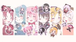 6+girls :d ^_^ absurdres akemi_homura akemi_homura_(magical_girl) amairoshiro black_hair black_hairband blonde_hair blue_eyes blue_hair blush bow bow_choker brown_hat charlotte_(madoka_magica) chibi choker closed_eyes closed_mouth collarbone commentary_request fang fortissimo grin hair_bow hair_ornament hairband hairclip hat highres kaname_madoka kaname_madoka_(magical_girl) long_hair magical_girl mahou_shoujo_madoka_magica mahou_shoujo_madoka_magica:_hangyaku_no_monogatari miki_sayaka miki_sayaka_(magical_girl) momoe_nagisa momoe_nagisa_(magical_girl) multiple_girls musical_note musical_note_hair_ornament open_mouth pink_bow pink_hair red_choker red_eyes red_hair sakura_kyoko sakura_kyoko_(magical_girl) short_hair short_twintails smile soul_gem_(madoka_magica) split_mouth tomoe_mami tomoe_mami_(magical_girl) twintails white_hair witch_(madoka_magica)