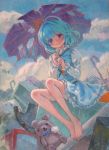  ama-tou barefoot blue_eyes blue_hair dreamcast feet heterochromia highres junk landfill red_eyes short_hair smile stuffed_animal stuffed_toy tatara_kogasa teddy_bear touhou traditional_media umbrella 