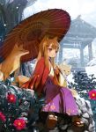  brown_hair cropped flower fox fox_ears fox_tail japanese_clothes long_hair oriental_umbrella original outdoors outside parasol red_eyes shiden snow solo source_request tail umbrella 