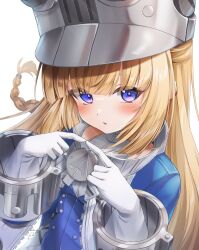  1girl blonde_hair blue_eyes blue_jacket blush commentary_request gloves grey_hat hands_up hat highres index_fingers_together jacket long_hair looking_at_viewer norma_hollowell open_mouth shako_cap simple_background solo upper_body white_background white_gloves yukikawa_sara zenless_zone_zero 