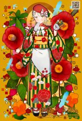 1girl beret bluesky_logo bluesky_username bow commentary dango floral_print floral_print_kimono flower food full_body gloves green_kimono hat hat_bow highres holding holding_food instagram_logo instagram_username japanese_clothes kimono looking_at_viewer obi obijime okobo original platform_sandals print_kimono qr_code red_flower red_hat sandals sanshoku_dango sash sayuasakura socks solo standing striped_clothes striped_kimono tabi twitter_username twitter_x_logo untranslatable_commentary wagashi white_gloves white_socks wide_sleeves yellow_eyes yellow_kimono yellow_sash 