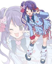  1girl :d ;d ageha_mia blue_bow blue_bowtie blue_jacket blue_sky bow bowtie finger_to_cheek full_body hair_bow hair_bun hair_ornament hand_on_own_knee highres jacket kokochi_(koko_chi10) leaning_forward long_hair long_sleeves looking_at_viewer loose_socks miniskirt official_alternate_costume official_alternate_hairstyle one_eye_closed open_mouth pink_bow pleated_skirt pretty_rhythm pretty_rhythm_dear_my_future pretty_series purple_hair red_bow red_scrunchie scrunchie shirt shoes skirt sky smile socks standing star_(symbol) star_hair_ornament violet_eyes white_background white_shirt wrist_scrunchie zoom_layer 