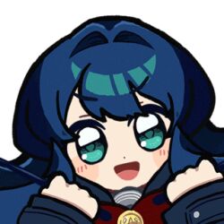  >_< 1girl animated animated_gif arms_up astrae_oratio blue_eyes blue_hair blue_jacket blush_stickers drumsticks fujiwara_riria hair_intakes jacket long_hair long_sidelocks lowres official_art open_mouth red_ribbon ribbon second-party_source sidelocks simple_background solo white_background 