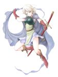  armor blonde_hair boots cape character_request colored_pencil_(medium) dress elf gloves green_eyes highres holding jumping legs marker_(medium) open_mouth original pointy_ears record_of_lodoss_war short_hair simple_background smile solo sword traditional_media watercolor_(medium) weapon 