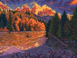  artist_name autumn boat clouds colorful colorful_clouds commentary english_commentary evening fishing forest hill landscape log michspich nature original outdoors people photo-referenced pine_tree pixel_art real_world_location reflection reflective_liquid river scenery sky tree united_states water watercraft 