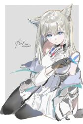  1girl absurdres animal_ears arknights arknights:_endfield arm_support bare_shoulders belt bird_ears bird_girl black_pantyhose blue_eyes border breasts bug butterfly butterfly_on_hand character_signature commentary cuipian_bianti dated dress full_body gloves grey_background grey_hair halter_dress halterneck hand_up high-waist_belt highres jacket long_hair medium_breasts multicolored_gloves off_shoulder outside_border pantyhose perlica_(arknights) simple_background solo two-sided_gloves two-tone_gloves untranslatable_commentary white_dress white_jacket 