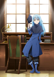  1other absurdres androgynous artist_request black_pants blue_boots blue_coat blue_hair book boots chair closed_mouth coat day desk desk_lamp fur-trimmed_sleeves fur_trim hair_between_eyes hat highres holding holding_unworn_clothes holding_unworn_hat humanization indoors lamp long_hair long_sleeves looking_at_viewer official_art other_focus pants rimuru_tempest second-party_source smile solo standing tensei_shitara_slime_datta_ken unworn_hat unworn_headwear window yellow_eyes 
