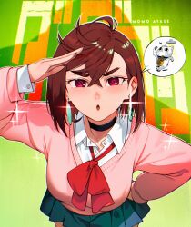  1girl :o ayase_momo black_choker blue_skirt bow bowtie breasts brown_hair cat cesar_art456 character_name choker collared_shirt copyright_name crossed_bangs dandadan earrings hair_between_eyes hand_on_own_hip highres jewelry large_breasts light_blush long_sleeves looking_at_viewer loose_bowtie medium_hair parted_lips pink_sweater pleated_skirt red_bow red_bowtie red_eyes running school_uniform shading_eyes shadow shirt skirt solo sparkle spoken_character sweater text_background turbo_granny_(dandadan) ufo v-shaped_eyebrows white_shirt 