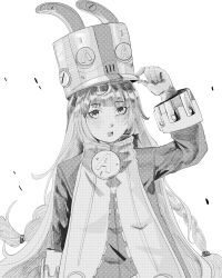  1girl absurdres adjusting_clothes adjusting_headwear commentary gloves grey_hat greyscale hand_up hat highres jacket jar99 large_hat long_hair looking_at_viewer monochrome norma_hollowell open_mouth shako_cap simple_background solo very_long_hair white_background white_gloves zenless_zone_zero 
