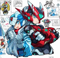  2boys android armor blue_eyes blue_helmet crossed_arms cyber-elf_x_(mega_man) forehead_jewel helmet highres honi_(ohohoni) long_hair male_focus mega_man_(series) mega_man_zero_(series) multiple_boys mythos_zero_(mega_man) open_mouth red_armor red_helmet robe white_hair x_(mega_man) zero(z)_(mega_man) zero_(mega_man) 
