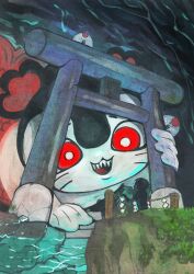  absurdres cave chibi chibi_only chiikawa commentary_request dripping fins from_side gokigenfriday grass highres horror_(theme) looking_at_another looking_at_viewer merfolk mermaid monster_girl moss no_humans red_eyes red_scales rock rope sharp_teeth siren_(chiikawa) stairs stone_stairs teeth torii water wet whiskers 