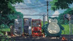  absurdres blue_sky caution_tape chain-link_fence closed_eyes closed_mouth commentary day english_commentary fence grass hakimihamizi highres mirror no_humans outdoors pokemon pokemon_(creature) road scenery sky snorlax standing traffic_cone tree utility_pole vending_machine 