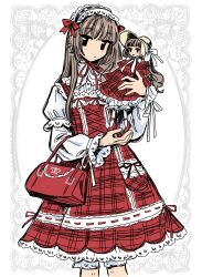 1girl :| bag black_eyes bloomers border bow brown_hair casual_lolita chinstrap closed_mouth collared_shirt cowboy_shot cross-laced_clothes cross-laced_dress doll dress dress_ribbon ear_piercing expressionless fashion frilled_shirt_collar frilled_sleeves frills hairband hand_up handbag head_tilt high_collar highres holding holding_doll lace lace_border lace_trim lolita_fashion lolita_hairband long_hair looking_at_viewer multiple_piercings no_nose original ornate_border outside_border piercing pinafore_dress plaid_clothes plaid_dress puffy_sleeves red_bag red_bow red_dress ribbon ribbon-trimmed_dress ribbon_trim shirt sleeve_ribbon sleeveless sleeveless_dress solo standing susu_(mikufanclub) white_background white_ribbon white_shirt