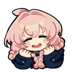  1girl ahoge animated animated_gif astrae_oratio blue_jacket blush blush_stickers closed_eyes hair_intakes heart holding_own_hair jacket long_hair lowres official_art open_mouth pink_hair second-party_source sidelocks simple_background solo tanaka_erin white_background 