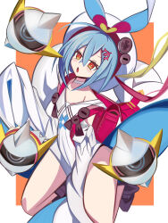  1girl absurdres ankle_boots backpack bag blonde_hair blue_bow blue_dress blue_hair blush_stickers boots border bow choker commentary_request crossed_bangs dasimaki001 dress duel_masters floating floating_object hair_between_eyes hair_ornament hat hat_bow highres long_hair multicolored_bow multicolored_dress multicolored_hair open_mouth orange_eyes outside_border randoseru red_bow red_hair sleeves_past_fingers sleeves_past_wrists solo t_t_t_(duel_masters) very_long_hair white_border white_choker white_dress white_hat yellow_bow 