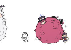  1boy 4girls alcohol black_hair black_hat blonde_hair blue_archive blue_halo blush chibi closed_mouth commentary_request cup doodle_sensei_(blue_archive) drinking_glass full_body grey_hair hairball halo hat highres hina_(blue_archive) ibuki_(blue_archive) iroha_(blue_archive) katamari_damacy long_hair makoto_(blue_archive) multiple_girls peaked_cap red_halo rolling running se-u-ra sensei_(blue_archive) short_hair simple_background sleeves_past_fingers sleeves_past_wrists smile twintails violet_eyes white_background wine wine_glass 