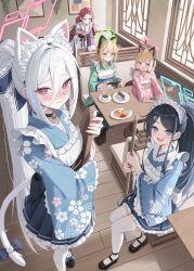  5girls absurdly_long_hair absurdres animal_ear_headphones animal_ears apron aqua_halo aris_(blue_archive) black_kimono blue_archive blue_halo blush cake cat_ear_headphones cat_ears cat_tail commentary_request fake_animal_ears food forehead frilled_apron frilled_kimono frills green_halo hair_between_eyes halo handheld_game_console headphones highres holding holding_tray japanese_clothes kei_(blue_archive) kei_(student)_(blue_archive) keikei_(kitty_colors) kimono long_hair long_hair_between_eyes looking_at_viewer loosely_tucked_bangs low-tied_sidelocks maid maid_apron maid_headdress midori_(blue_archive) momoi_(blue_archive) multiple_girls omelet omurice orange_halo pink_eyes pink_halo pinstripe_kimono pinstripe_pattern ponytail power_symbol rectangular_halo red_hair ringed_eyes siblings sidelocks sisters sitting tail thigh-highs tray twins very_long_hair wa_maid white_apron white_hair white_thighhighs wide_sleeves yellow_halo yuzu_(blue_archive) 