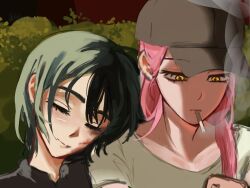  2girls alien_stage baseball_cap black_hair bruise bruise_on_face bush camilaness cigarette closed_eyes commentary english_commentary hat head_on_another's_shoulder highres injury mizi_(alien_stage) mizi_(zombie_stage) multiple_girls pink_hair smoking sua_(alien_stage) sua_(zombie_stage) yellow_eyes zombie_stage 