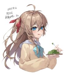  1girl ahoge aqua_bow aqua_bowtie blue_eyes blue_sailor_collar bow bowtie brown_hair cardigan closed_mouth commentary_request cropped_torso from_side goigoigoi840 hair_between_eyes highres holding holding_plate holding_spoon licking_lips long_hair long_sleeves neuro-sama neuro-sama_(1st_costume) plate sailor_collar simple_background solo spoon tongue tongue_out two_side_up vedal987 vedal_ai white_background yellow_cardigan 