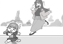  >_< 2girls :< animification chasing clenched_hands commentary_request fleeing flower flying_sweatdrops goldluck greyscale hair_flower hair_ornament hanamiya_nina heart heart-shaped_mouth heart_in_mouth jacket long_skirt long_sleeves love_live! love_live!_hasu_no_sora_jogakuin_school_idol_club monochrome multiple_girls nirei_nozomi open_clothes open_jacket open_mouth real_life seeno_de!_hasu_no_sora! skirt sweater tassel tassel_hair_ornament turtleneck turtleneck_sweater voice_actor 