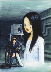  2girls axe black_eyes black_hair black_shoes blue_jacket blue_skirt blue_socks blunt_bangs broken_glass brown_hair cast ceiling closed_mouth collared_shirt fish_tank glass highres holding holding_axe indoors industrial_pipe itou_junji jacket kawakami_tomie kneehighs lipstick long_hair looking_at_viewer makeup morita_yumi multiple_girls official_art painting_(medium) projected_inset red_lips shadow shirt shoes sideways_glance single_shoe single_sock skirt smile socks third-party_source tile_ceiling tiles tomie_replay traditional_media water wheelchair white_shirt 