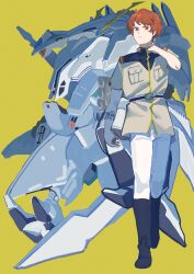  1boy adjusting_clothes alyzeus artist_name earth_federation earth_federation_space_forces gundam gundam:_hathaway's_flash highres jacket lane_aim mecha military_jacket military_uniform red_eyes red_hair robot science_fiction signature ummsm_88 