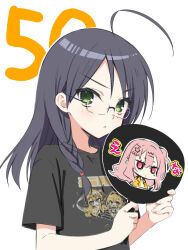  1girl :< ahoge black_hair black_shirt blush bra-ban! braid character_name character_print closed_mouth clothes_writing colored_eyelashes commentary_request company_connection countdown_illustration frown glasses green_eyes hair_between_eyes hair_bun hand_fan hands_up harumi_ena highres holding holding_fan imamiya_noriko jitome limelight_lemonade_jam long_hair looking_at_viewer muririn nabari_anju official_artist_extra one_side_up outline pink_hair print_fan print_shirt rectangular_eyewear red_eyes shirt short_sleeves simple_background single_braid single_side_bun solo t-shirt upper_body v-shaped_eyebrows white_background white_outline yuzusoft 