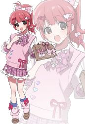  1girl bag bow bowtie brown_bag brown_shoes full_body hair_bow hair_ornament hairclip harune_aira head_tilt high_ponytail highres holding holding_bag inward_v kokochi_(koko_chi10) loafers long_sleeves loose_socks miniskirt official_alternate_costume official_alternate_hairstyle pink_bow pink_bowtie pink_skirt pink_vest plaid_clothes plaid_skirt pleated_skirt ponytail pretty_rhythm pretty_rhythm_aurora_dream pretty_series red_eyes red_hair shirt shoes skirt socks standing v vest white_background white_shirt zoom_layer 