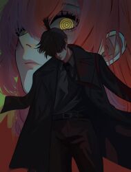  1boy 1girl belt belt_buckle black_belt black_hair black_jacket black_necktie buckle chainsaw_man closed_mouth hayakawa_aki highres jacket makima_(chainsaw_man) necktie red_hair suit tomiokamon yellow_eyes 