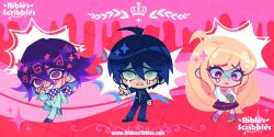  1girl 2boys @_@ ahoge akamatsu_kaede arm_belt artist_name blonde_hair blood blood_on_face blue_hair buttons checkered_clothes checkered_neckerchief checkered_scarf chibi chibi_only colored_blood crying crying_with_eyes_open danganronpa_(series) danganronpa_v3:_killing_harmony hair_ornament highres ibble_(ibblescribbles) multicolored_buttons multiple_boys musical_note musical_note_hair_ornament musical_note_print neckerchief necktie oma_kokichi orange_necktie pink_blood pink_eyes pink_sweater_vest pink_vest purple_hair saihara_shuichi scarf shaded_face sweat sweater_vest tears two-tone_scarf vest violet_eyes yellow_eyes 