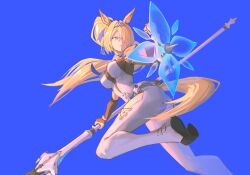  1girl absurdres animal_ears armor ass black_gloves blonde_hair blue_background blue_eyes breasts clenched_hand commentary elbow_gloves energy_barrier energy_shield english_commentary foot_out_of_frame gloves hair_intakes hair_over_one_eye hand_up high_ponytail highres holding holding_polearm holding_weapon hooves horse_ears horse_girl horse_tail large_breasts leotard long_hair looking_back mechanical_hands nomnomboom pants pauldrons polearm ponytail running serious shoulder_armor single_glove single_mechanical_hand solo spiked_shield spikes tail thighs tiara very_long_hair weapon white_leotard white_pants zenless_zone_zero 