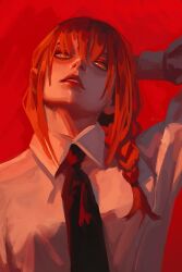 1girl black_necktie braid braided_bangs chainsaw_man commentary english_commentary long_hair makima_(chainsaw_man) necktie ponytail red_hair shirt solo useless_elf white_shirt yellow_eyes 